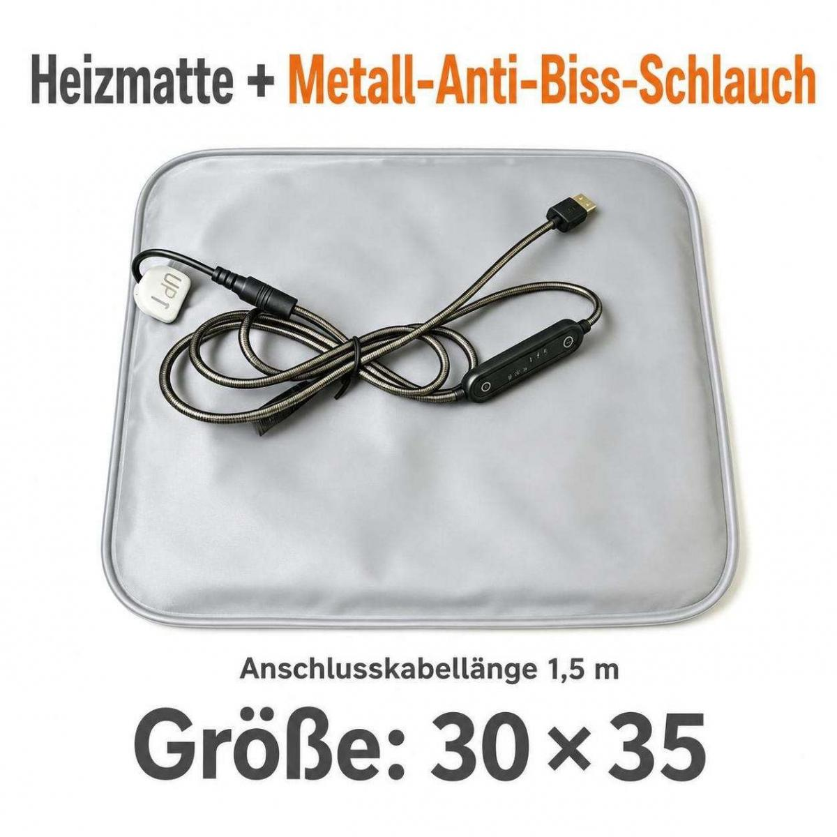 Graue Heizmatte mit Metall-Antibiss-Kabel, Größe 30x35 cm, vor weißem Hintergrund.