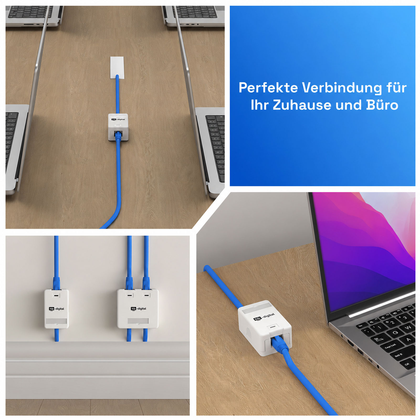 Blaue Netzwerkkabel verbunden mit weißen Adaptern und Laptops auf Holztischen.