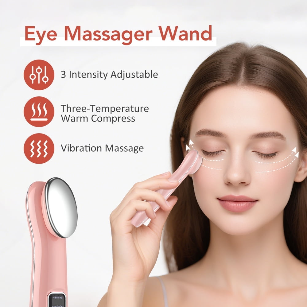 Eine Frau benutzt einen rosa Augenmassage-Stab mit einstellbarer Intensität und Vibrationsmassage.