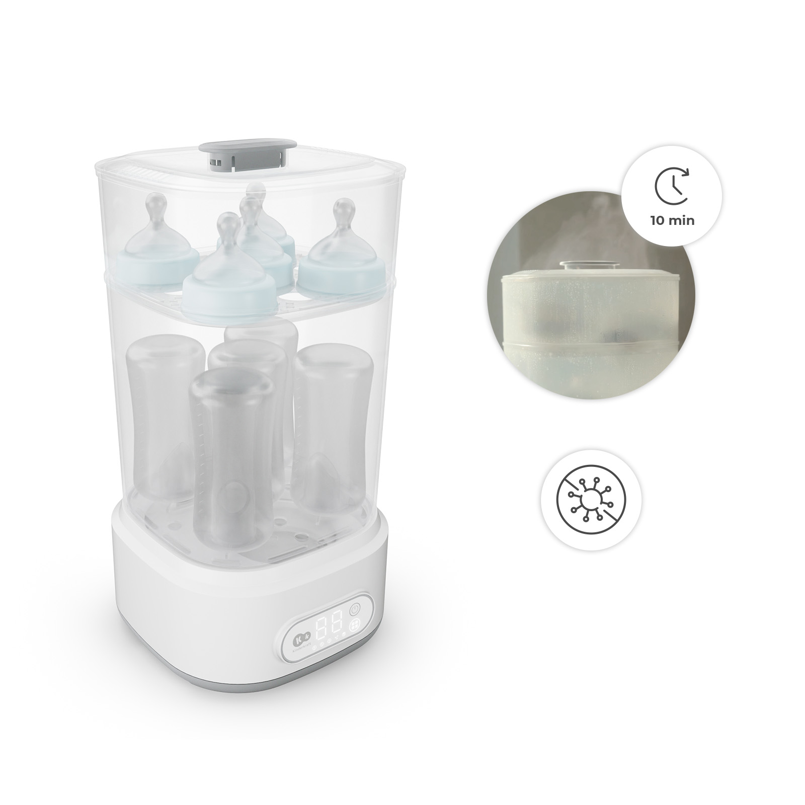 Ein weiß-transparenter Babyflaschen-Sterilisator mit mehreren Flaschen und zwei Icons für Zeit und Keimfreiheit.