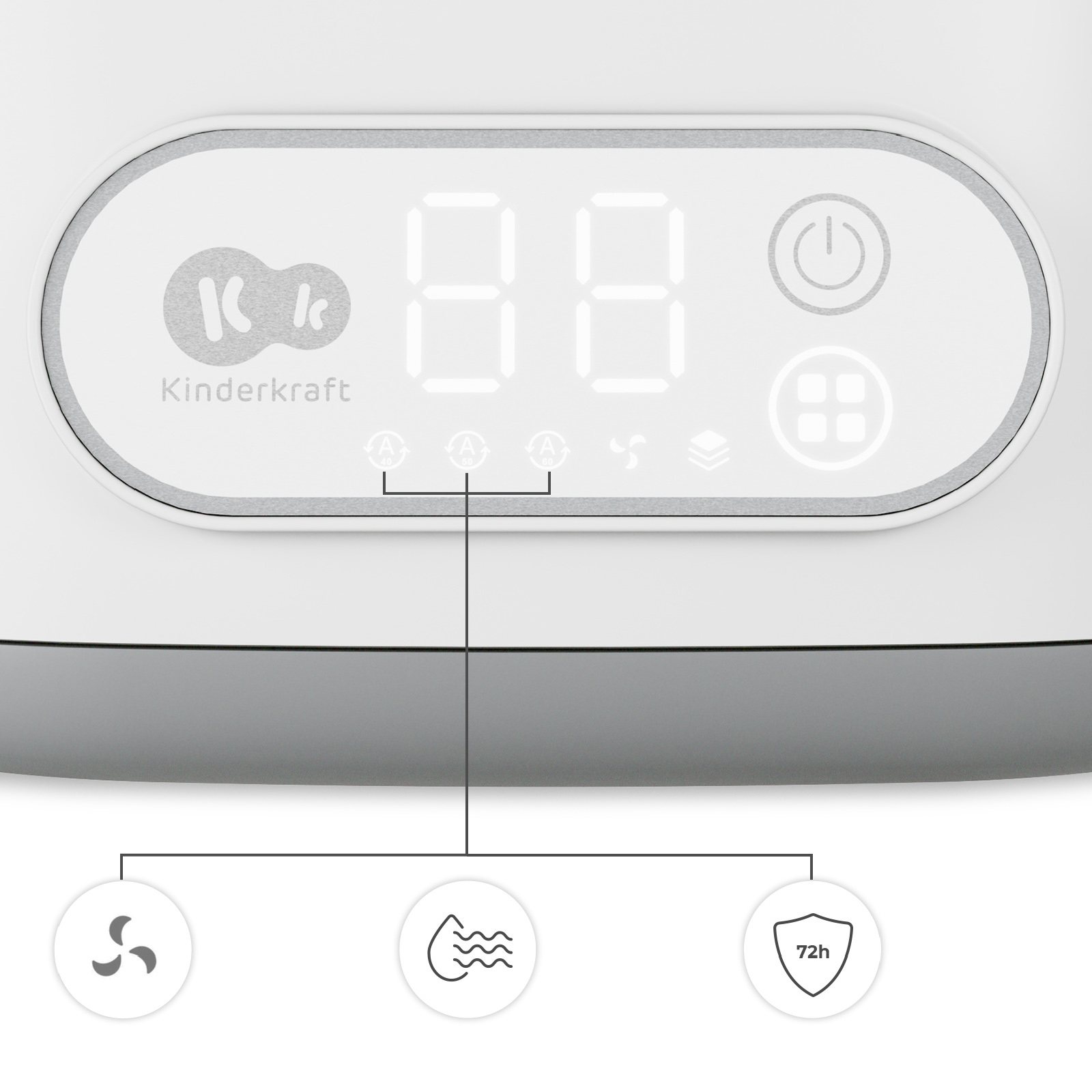 Kinderkraft-Gerätedisplay mit digitalen Anzeigen, Einschalttaste und drei Funktionssymbolen unten.