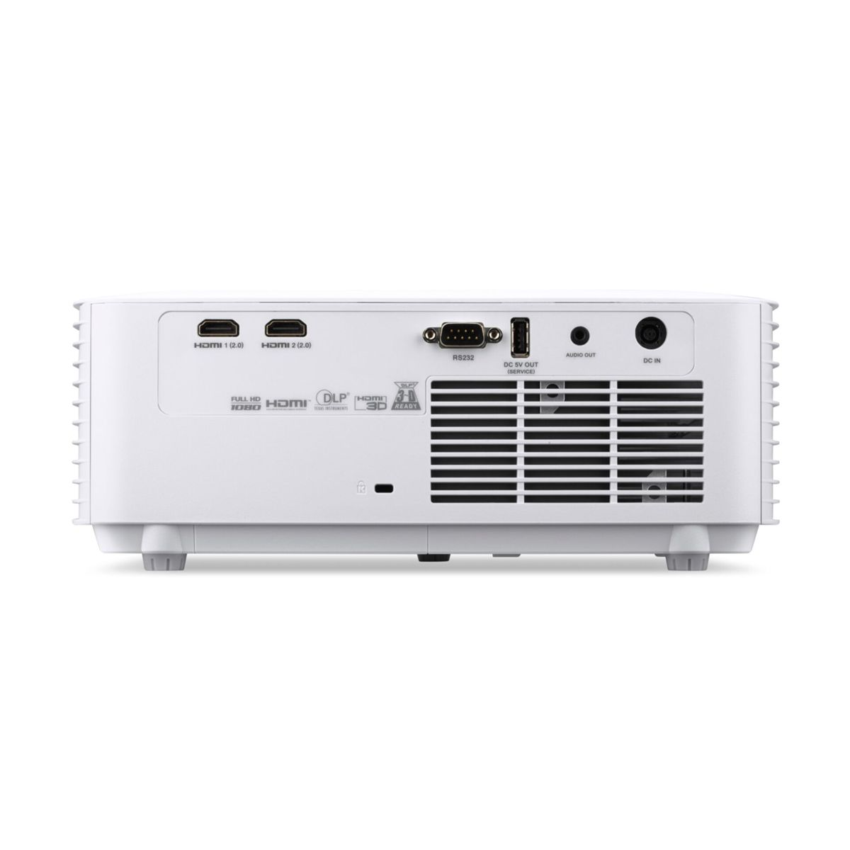 Rückseite eines weißen Projektors mit HDMI-, VGA-, USB- und Audioanschlüssen sowie integrierten Kühlschlitzen.