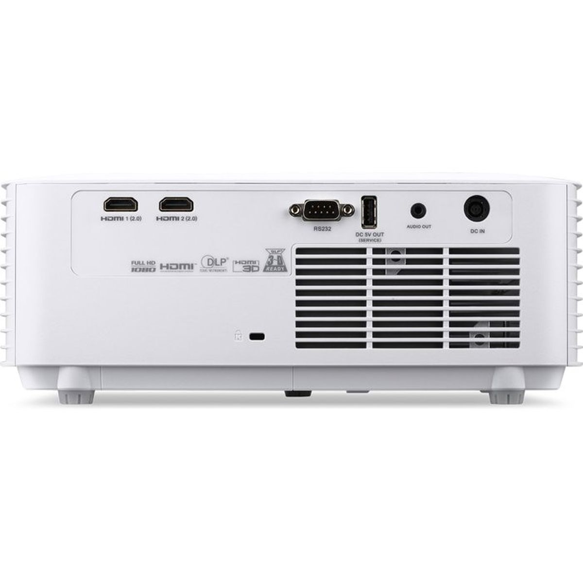 Rückseite eines weißen Projektors mit HDMI-, RS232-, USB-, Audio- und Stromeingängen sowie Belüftungsschlitzen.