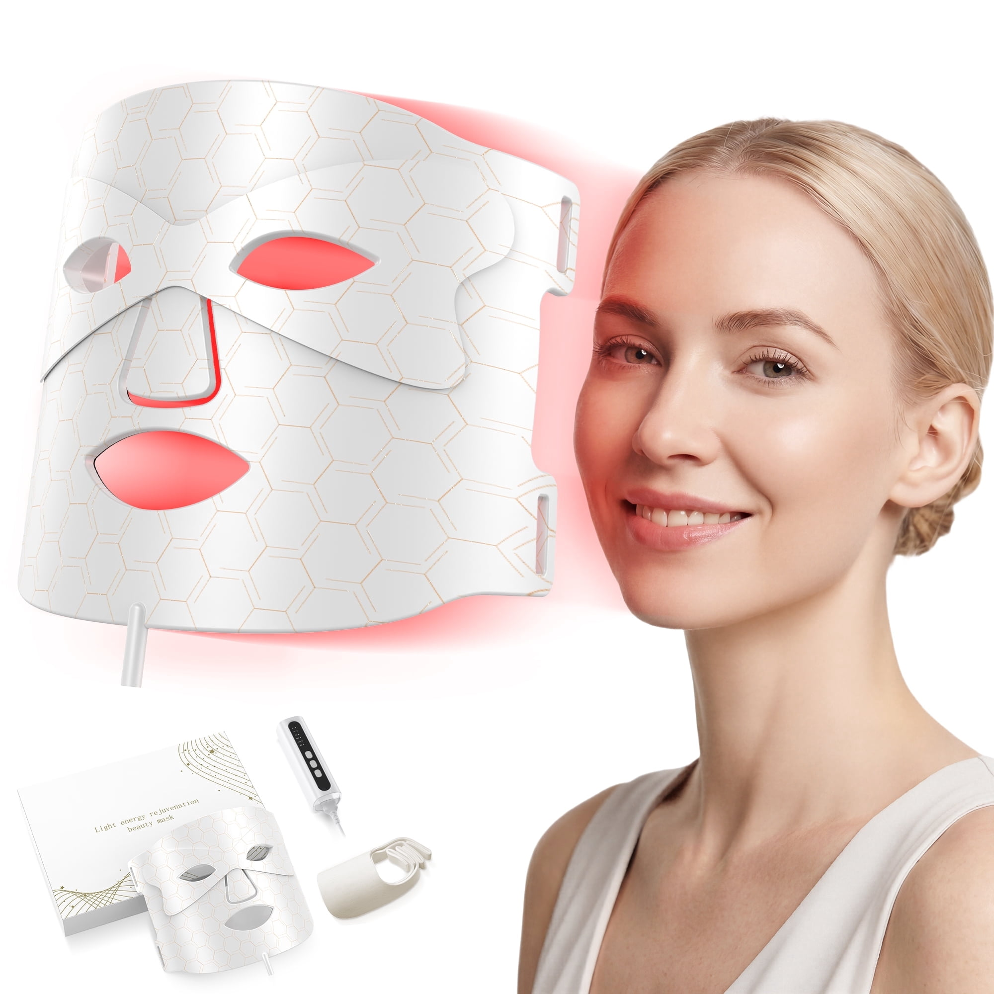 Eine Frau lächelt neben einer weißen LED-Lichttherapiemaske mit Box und Zubehör.