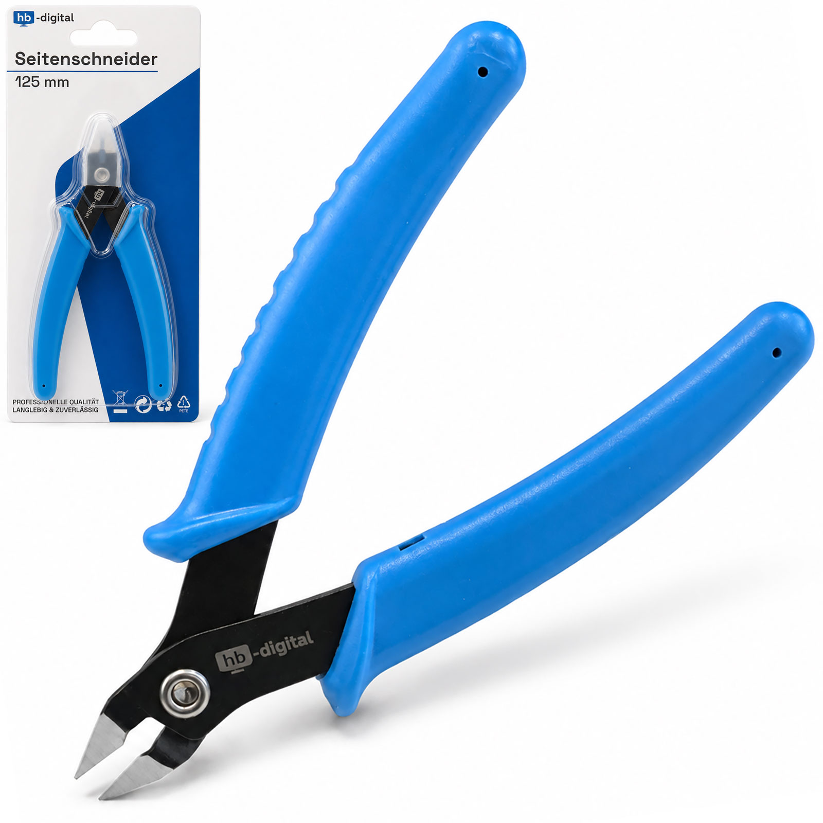 Blaue Seitenschneider mit schwarzem Metallgelenk neben ihrer ungeöffneten Verpackung.