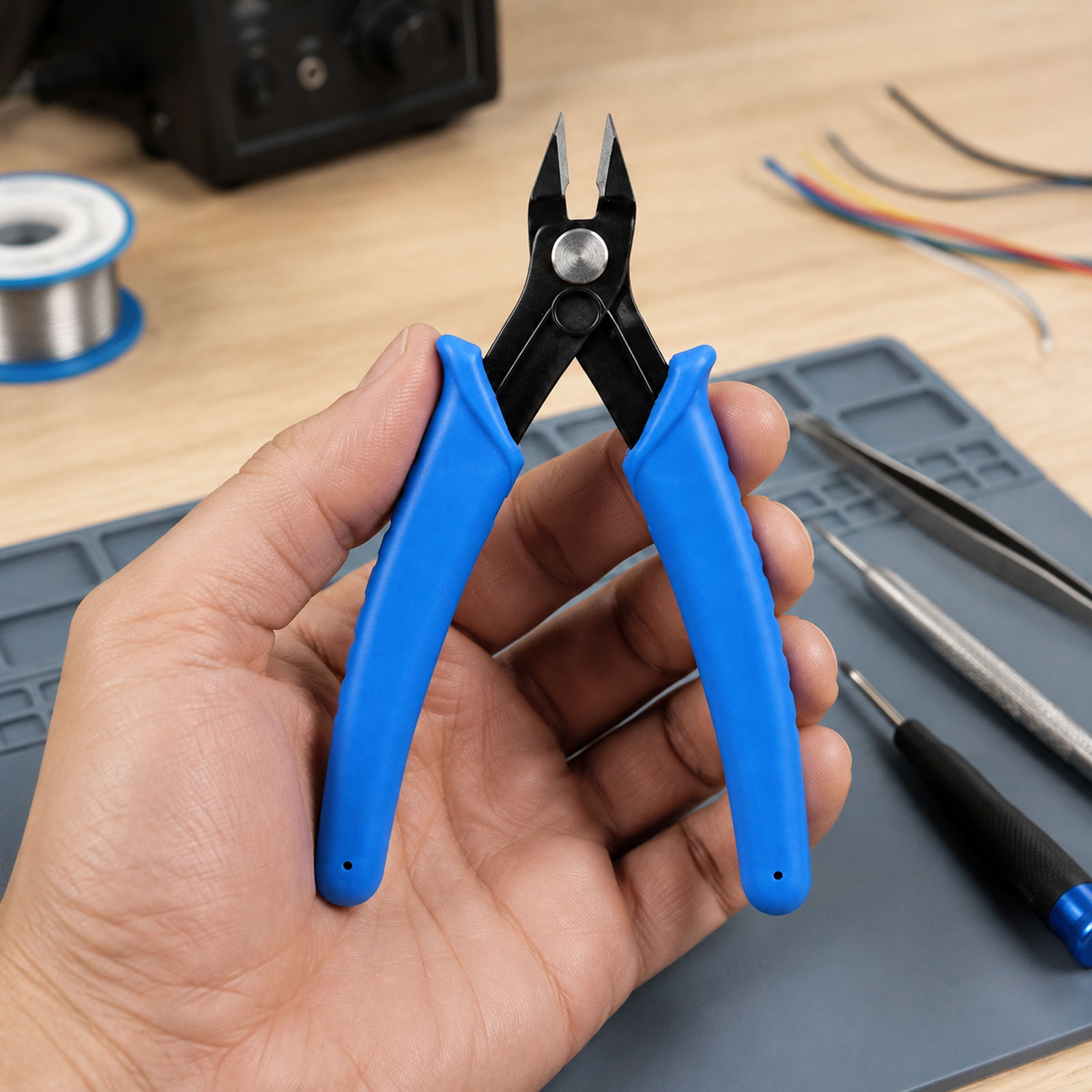 Eine Hand hält eine Zange mit blauen Griffen über einer Werkbank.