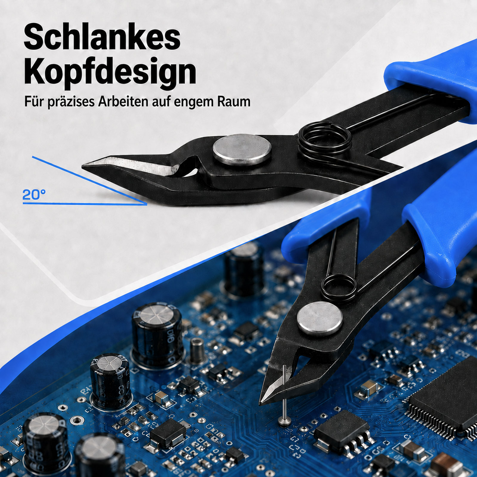 Blaue Elektronikzange mit schlankem Kopf schneidet einen Draht auf einer blauen Leiterplatte.