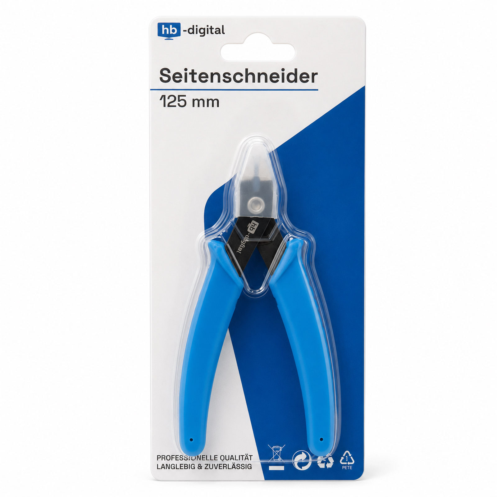 Blau-schwarze 125-mm-Seitenschneider in originaler Verkaufsverpackung.