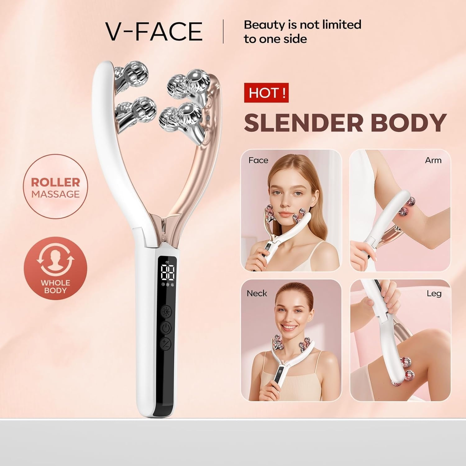 Ein V-Gesichtsroller mit LED-Display und Bildern, die die Anwendung an Gesicht, Arm, Hals und Bein zeigen.