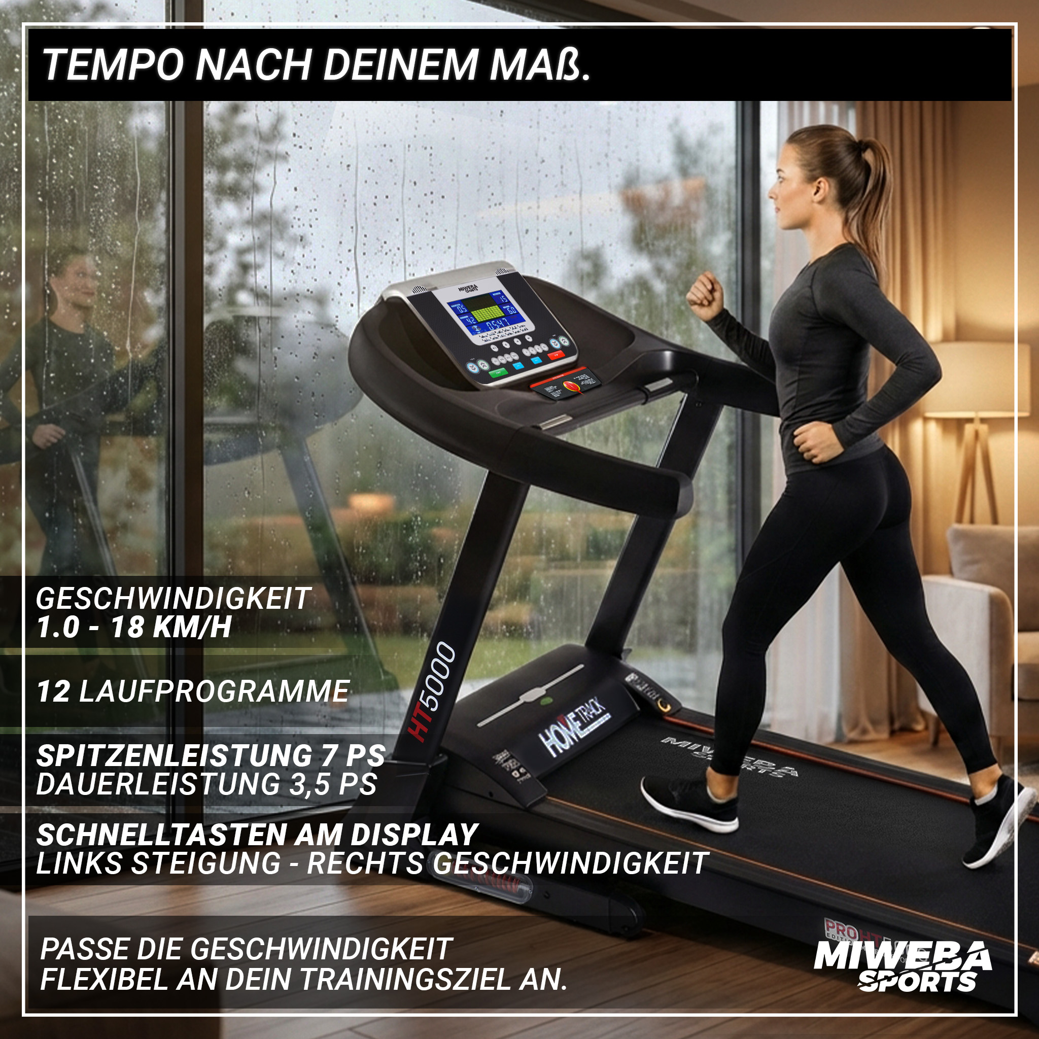 Eine Frau in Sportkleidung läuft auf einem schwarzen Laufband vor einem verregneten Fenster.