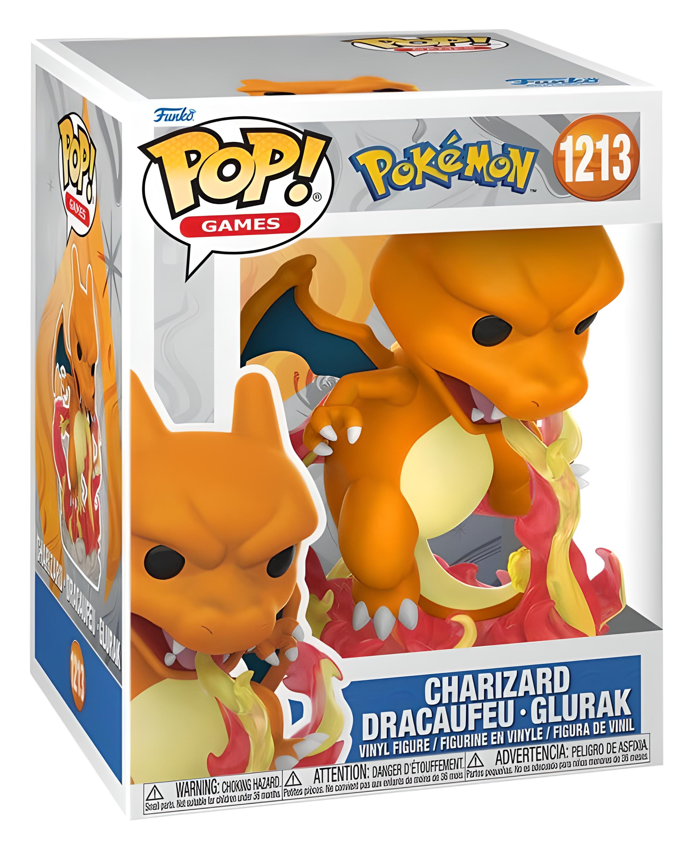 Funko Pop Spiele Pokémon Figur von Glurak in ungeöffneter Box mit Flammeneffekt.
