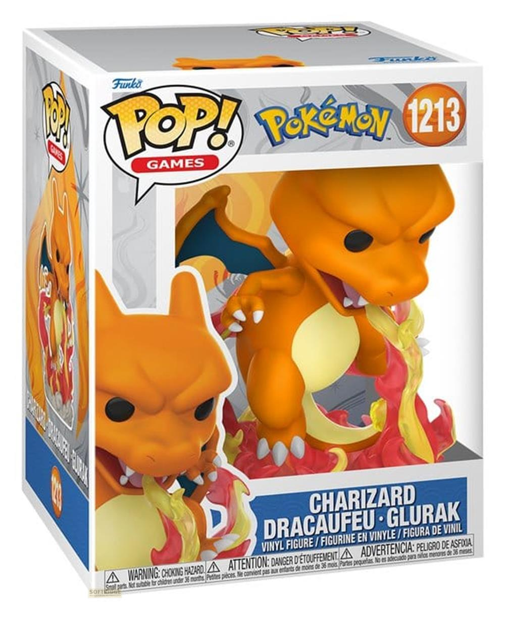 Funko Pop! Pokémon Charizard Vinyl-Figur in Box, Nummer 1213, zeigt Charizard Feuer spuckend.