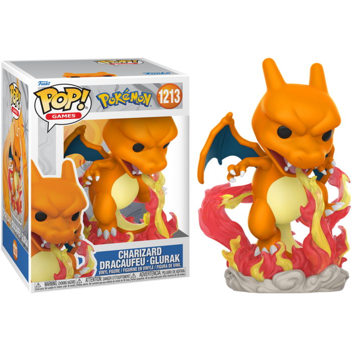Charizard Funko Pop Figur neben ihrer Schachtel, Feuer speiend auf einem Sockel.