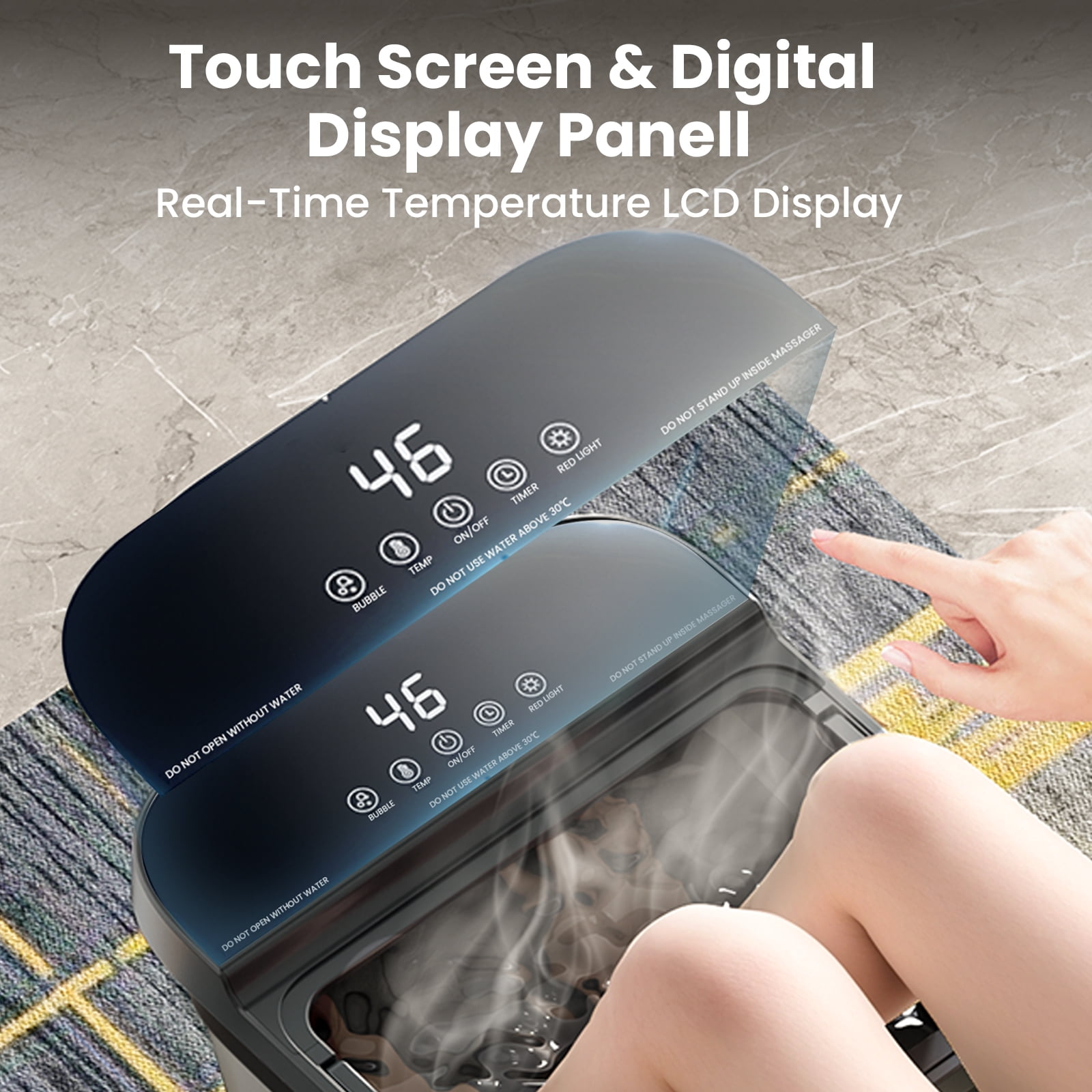 Ein Fußbad mit digitalem Touchscreen zeigt 46 Grad und aufsteigenden Dampf.