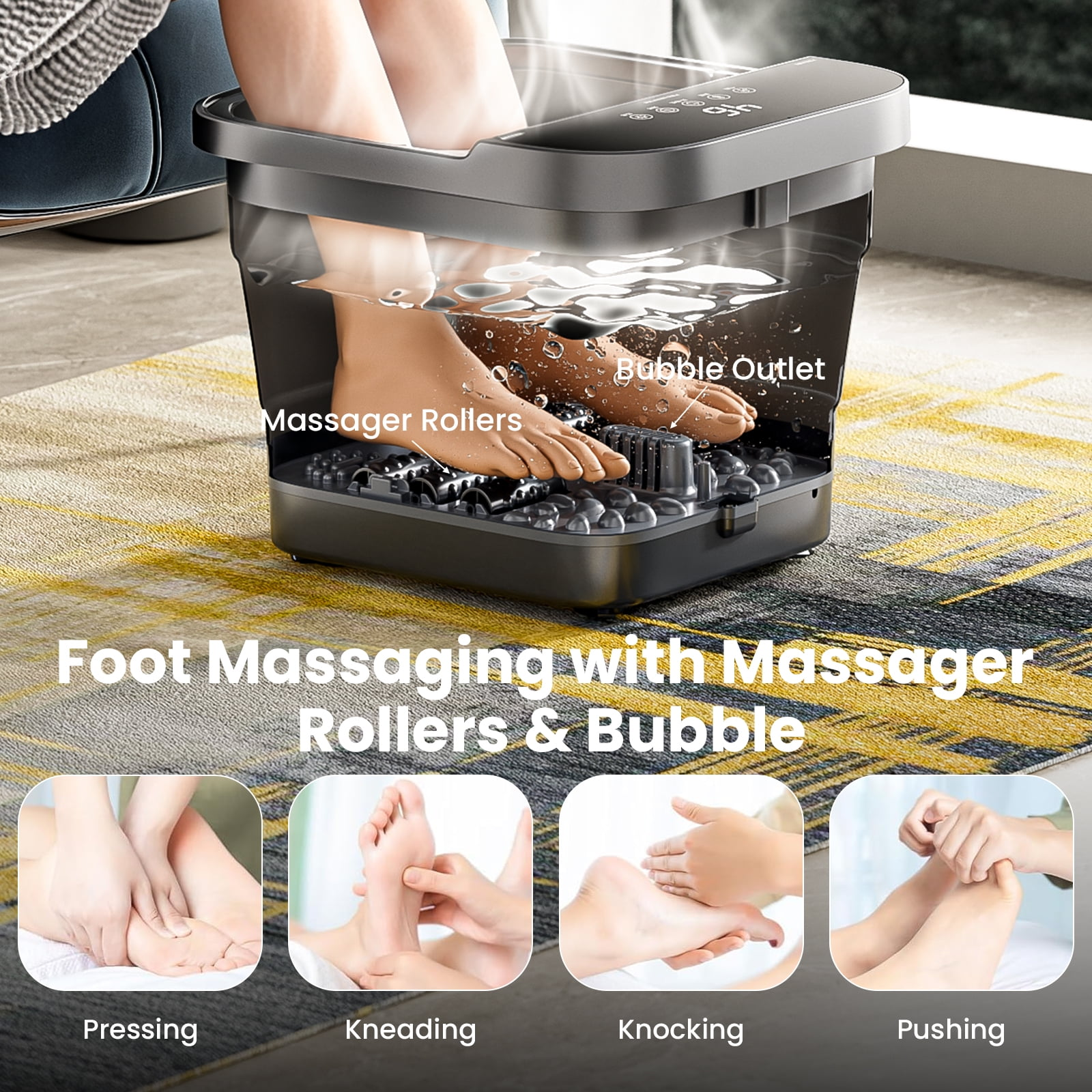 Ein Fußbad mit Massagerollern und Blasen, darunter vier kleinere Bilder von manuellen Fußmassagetechniken.