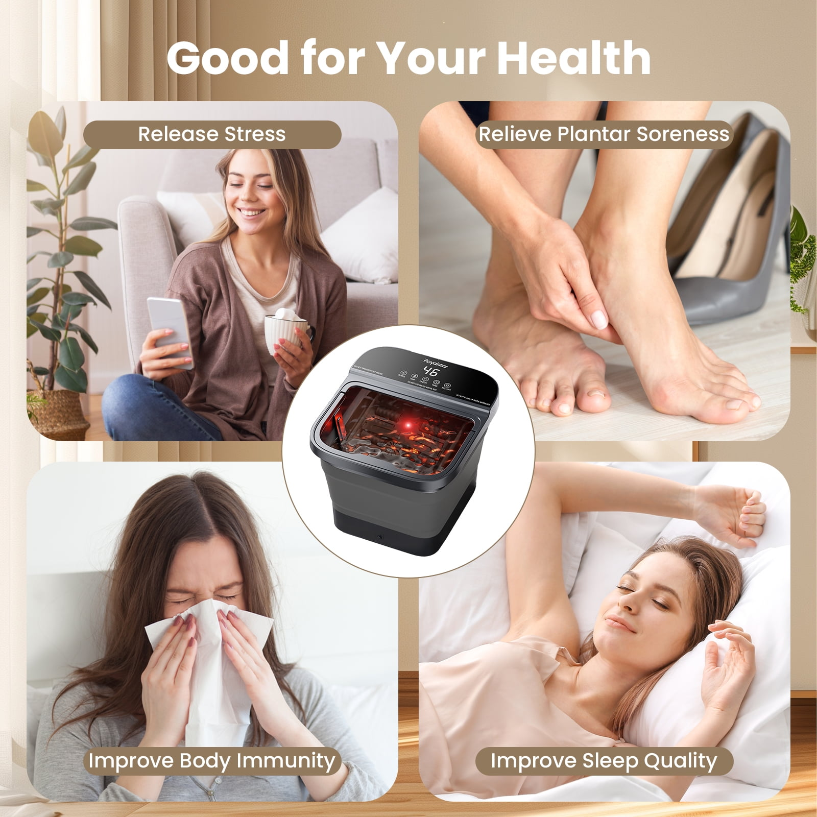 Werbung für ein Fußmassagegerät mit Vorteilen wie Stressabbau, Schmerzlinderung, Immunität und besserem Schlaf.
