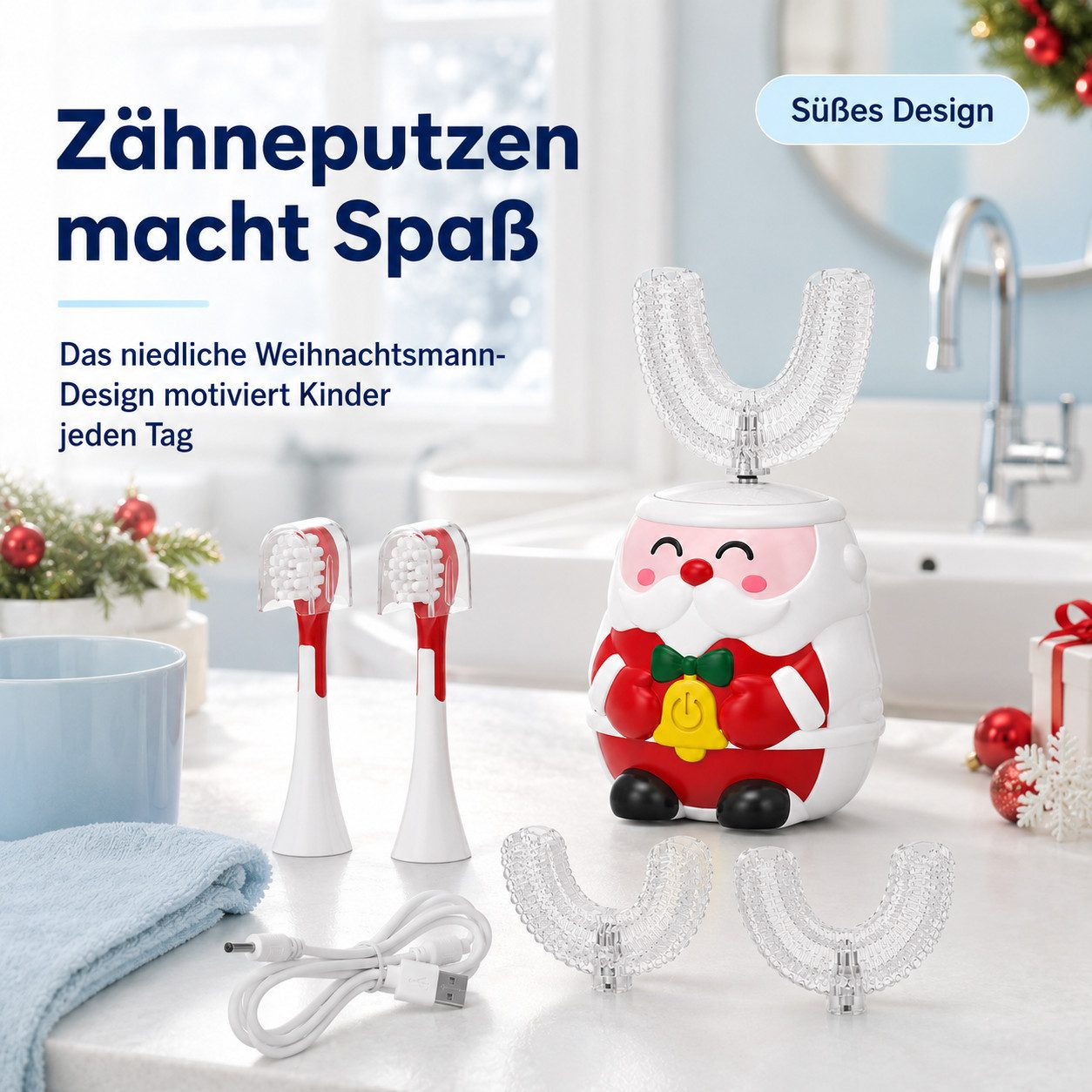 Weihnachtsmann U-förmige elektrische Zahnbürste mit Zubehör auf Badezimmertisch.