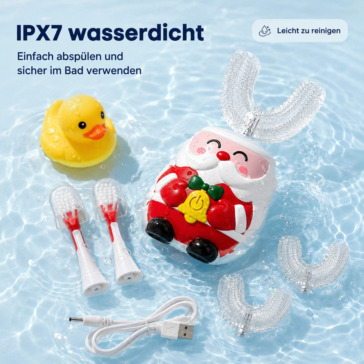 Wasserdichte Weihnachtsmann-Kinderzahnbürste mit Zubehör in Wasser.