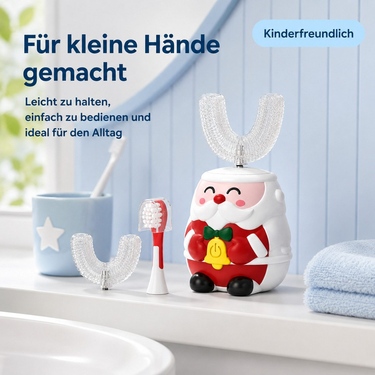 Eine U-förmige elektrische Kinderzahnbürste im Weihnachtsmann-Design mit Zubehör auf einem Badregal.
