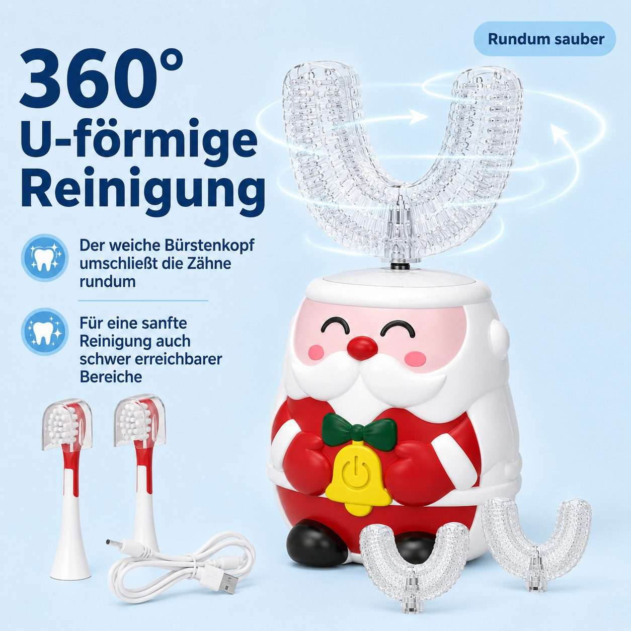 Eine U-förmige Kinderzahnbürste im Weihnachtsmann-Design mit Zubehör und Text auf blauem Hintergrund.