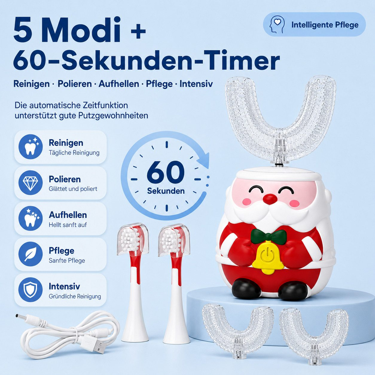 Weihnachtsmann-Kinderzahnbürste mit U-förmigem Kopf, Timer, Zubehör und Text auf blauem Hintergrund.