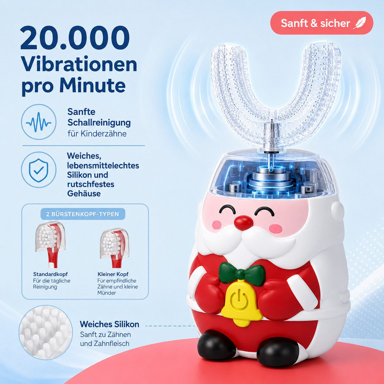 Kinder-U-förmige elektrische Zahnbürste mit Weihnachtsmann-Design, Vibrationswellen und Produktdetails.