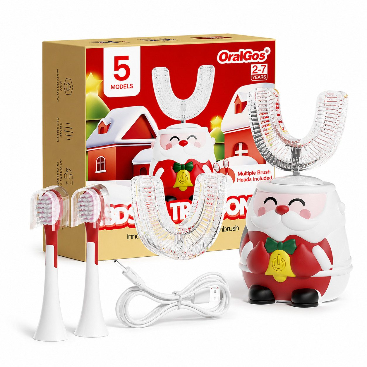 Elektrische U-förmige Kinderzahnbürste im Weihnachtsmann-Design mit Bürstenköpfen, Ladekabel und weihnachtlicher Schachtel.