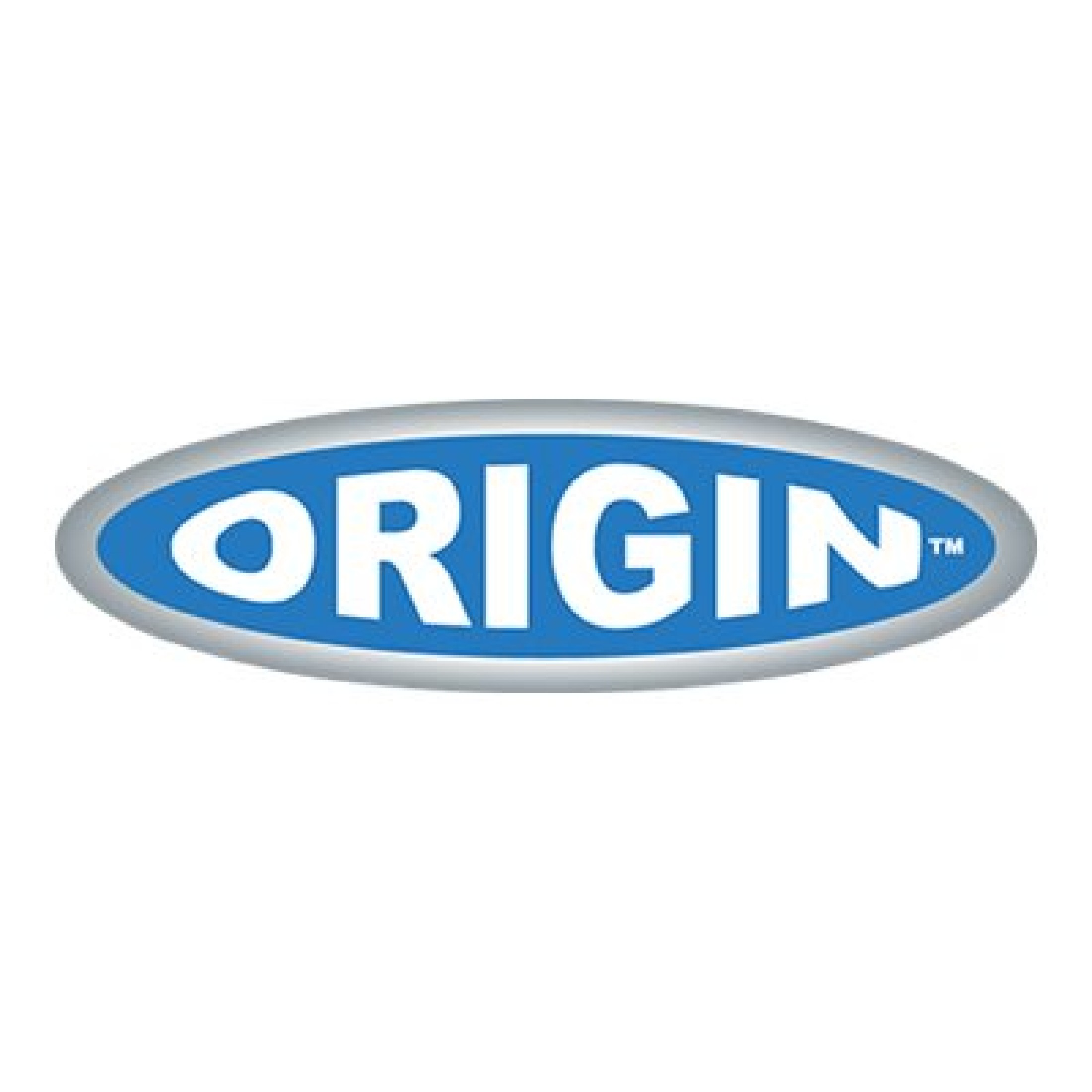 Il logo presenta la parola "ORIGIN" in lettere maiuscole bianche all'interno di un ovale blu, bordato di grigio.