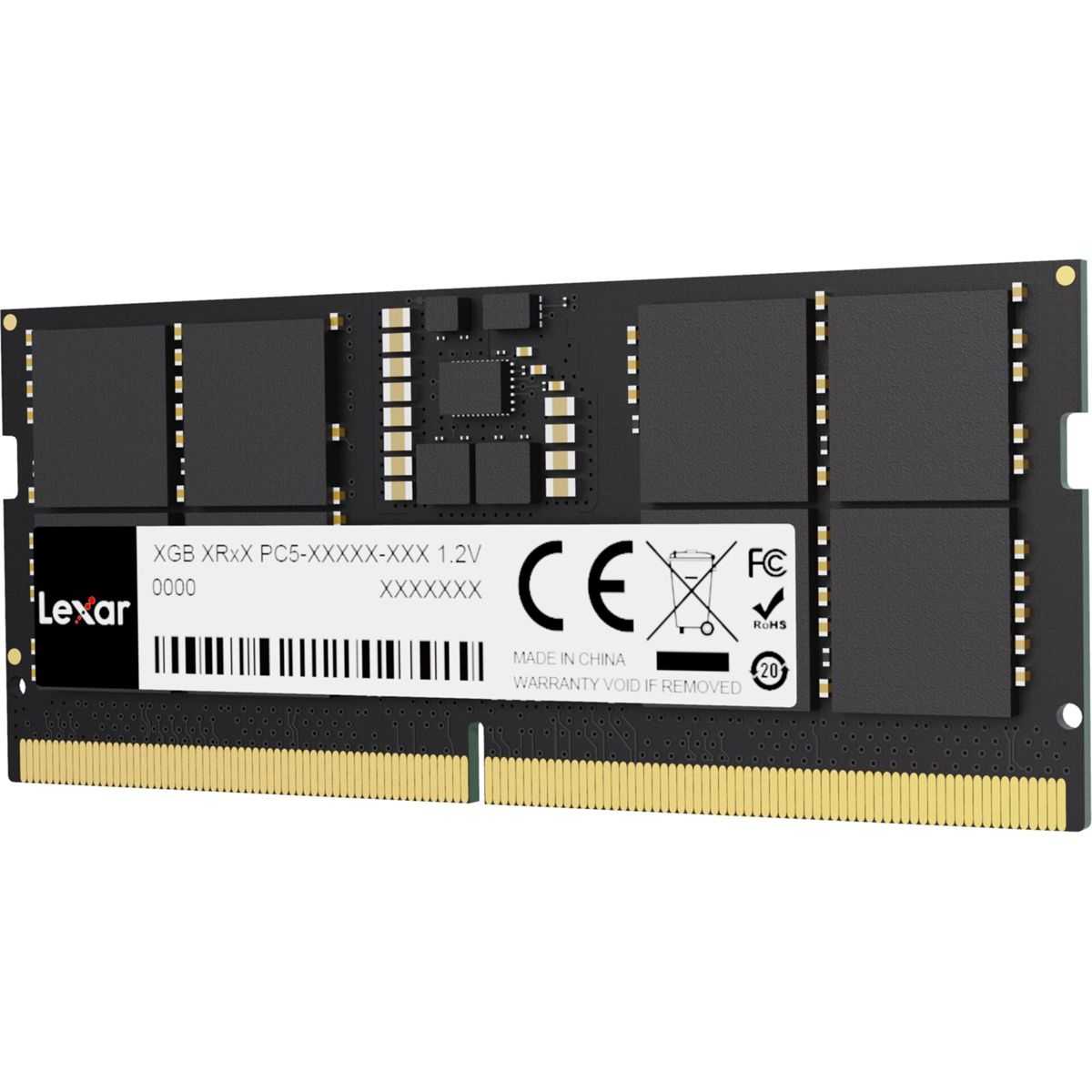 Modulo di memoria RAM Lexar nero con etichetta e pin dorati.