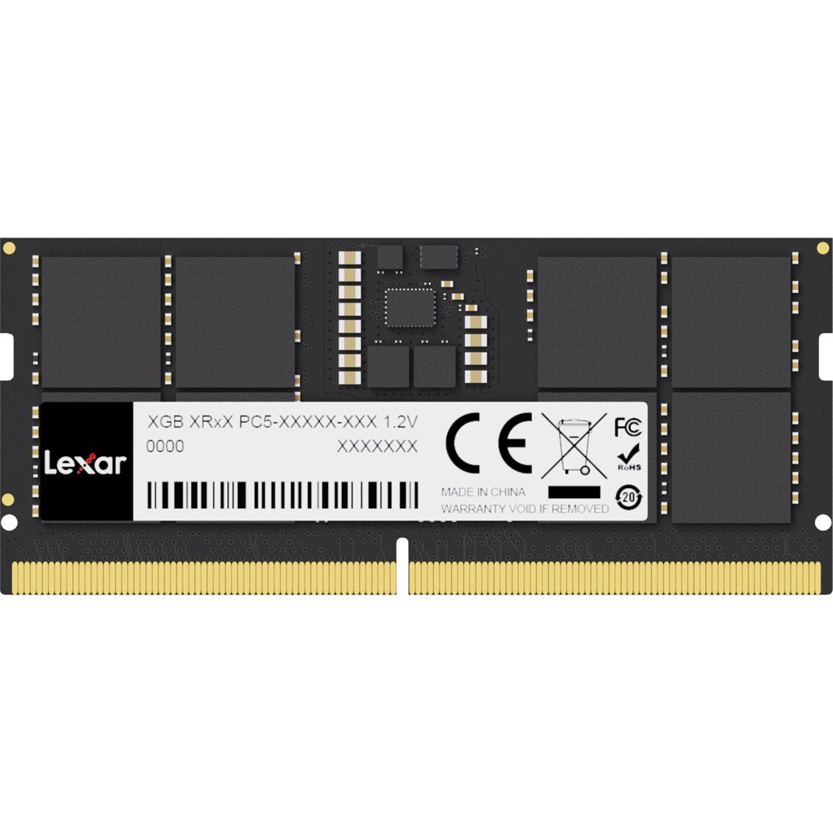 RAM Lexar nera con pin dorati, chip e un'etichetta con codice a barre su sfondo bianco.