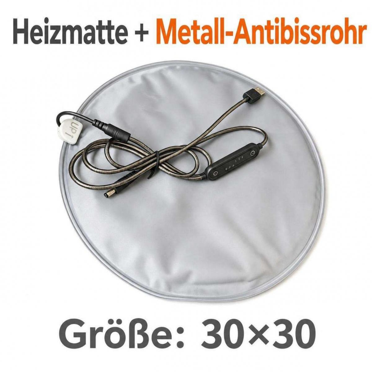 Runde graue Heizmatte mit Metall-Antibisskabel und Controller, mit deutschen Textüberschriften.