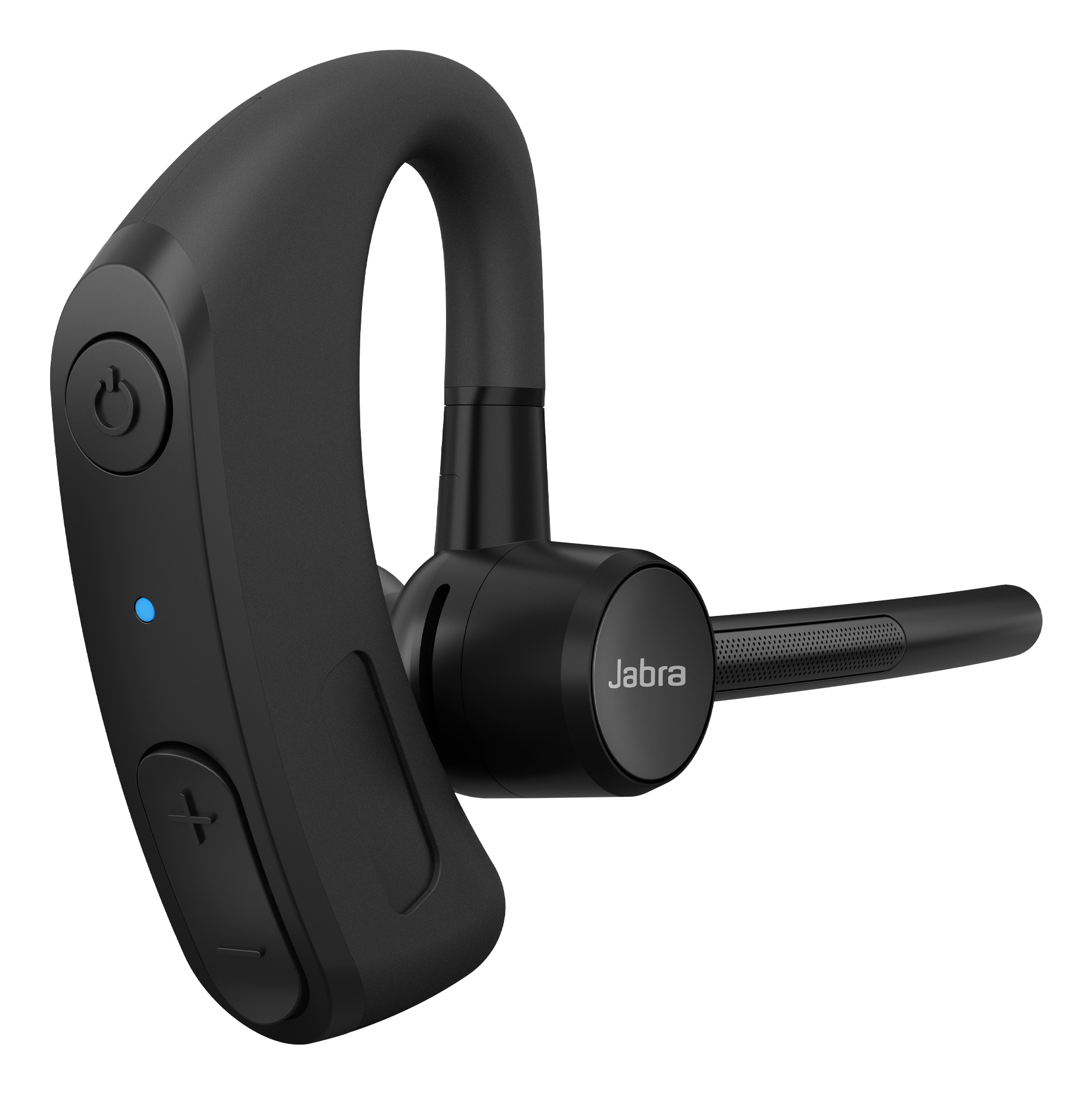 Schwarzes Jabra Bluetooth-Headset mit Ohrbügel, Mikrofonarm und blauer LED auf weißem Hintergrund.