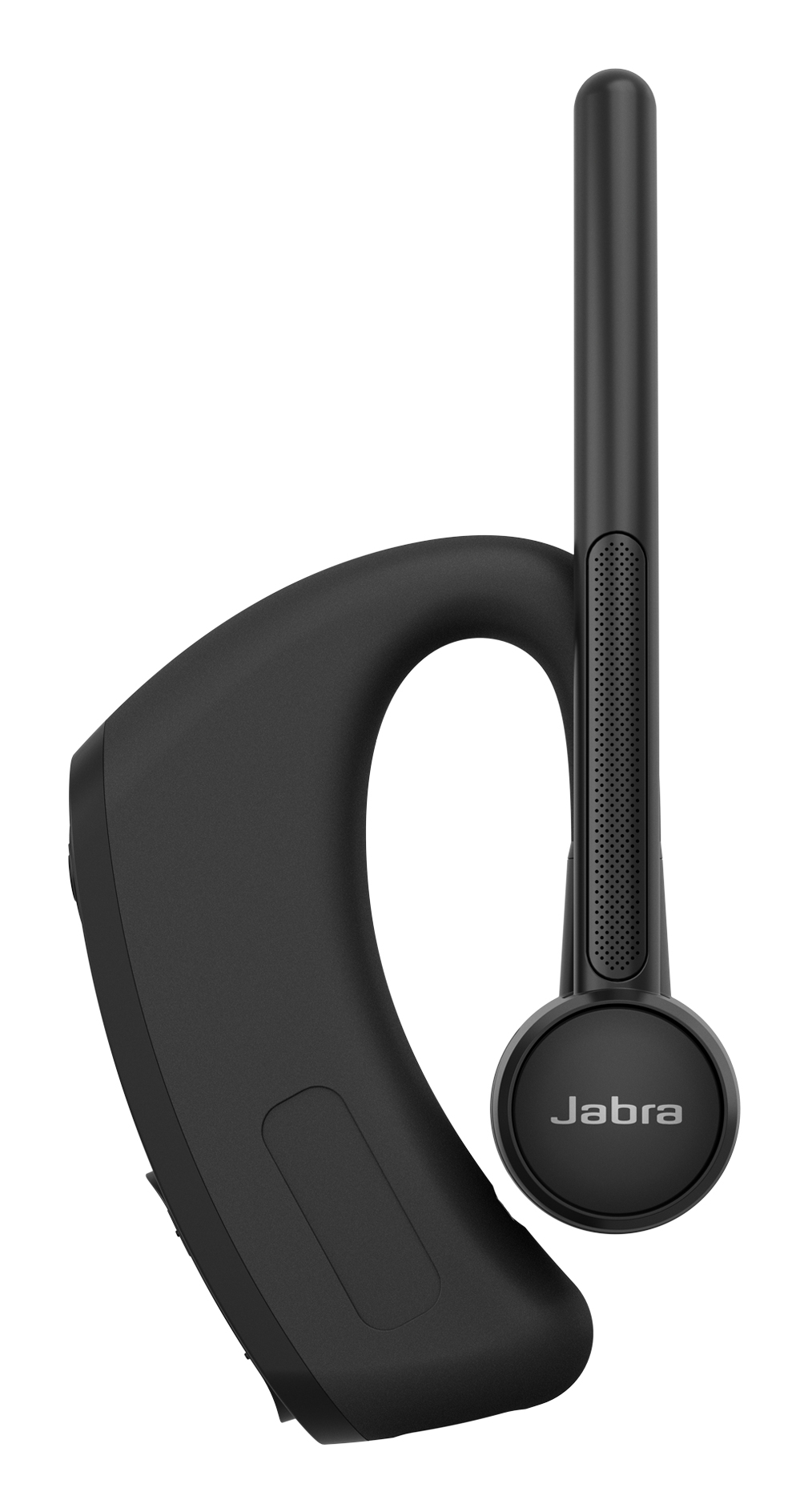 Ein schwarzes Jabra-Bluetooth-Headset mit Ohrbügel auf weißem Hintergrund.