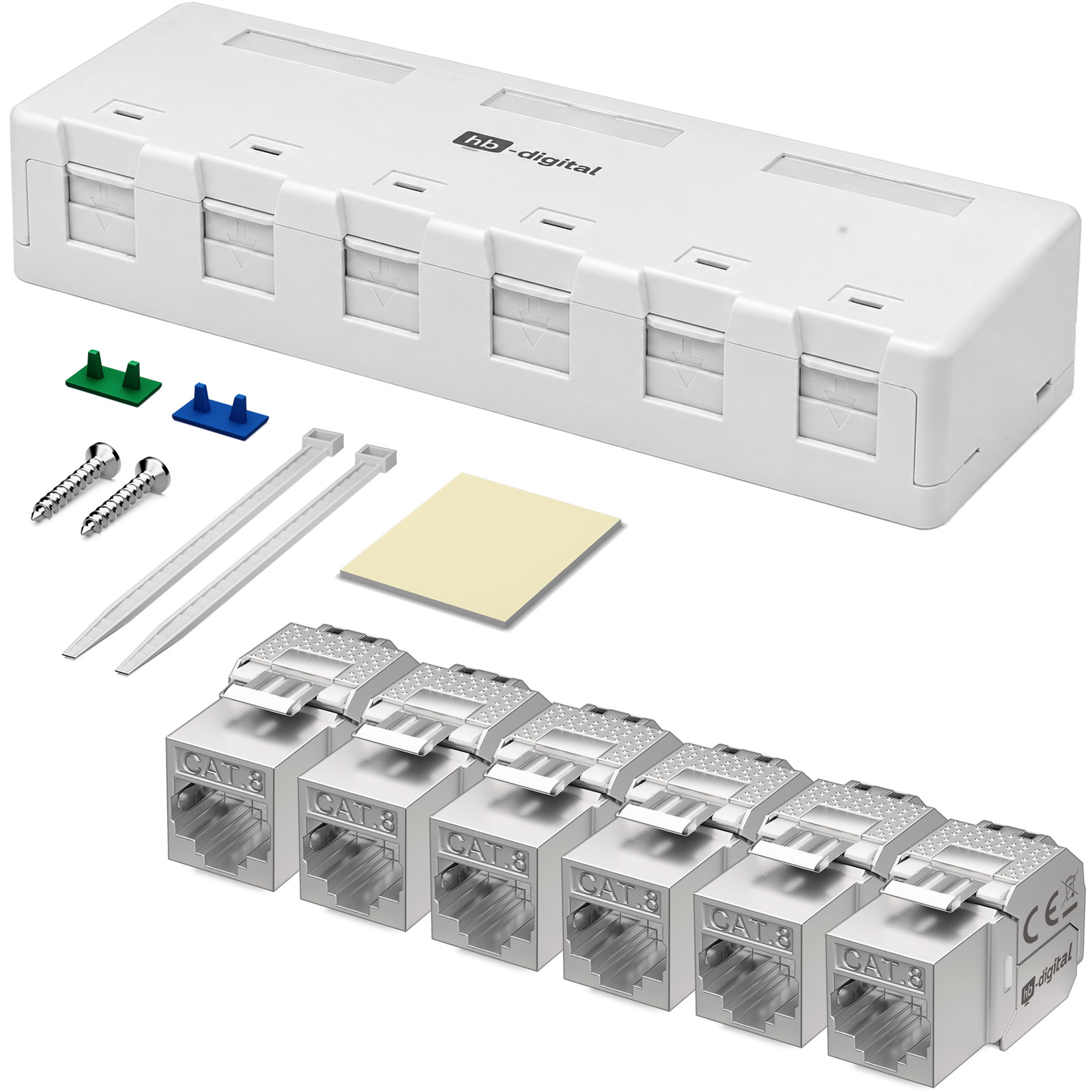 Weiße CAT.8 Netzwerk-Wanddose mit sechs Metallmodulen, Schrauben, Kabelbindern und Klebepad vor weißem Hintergrund.