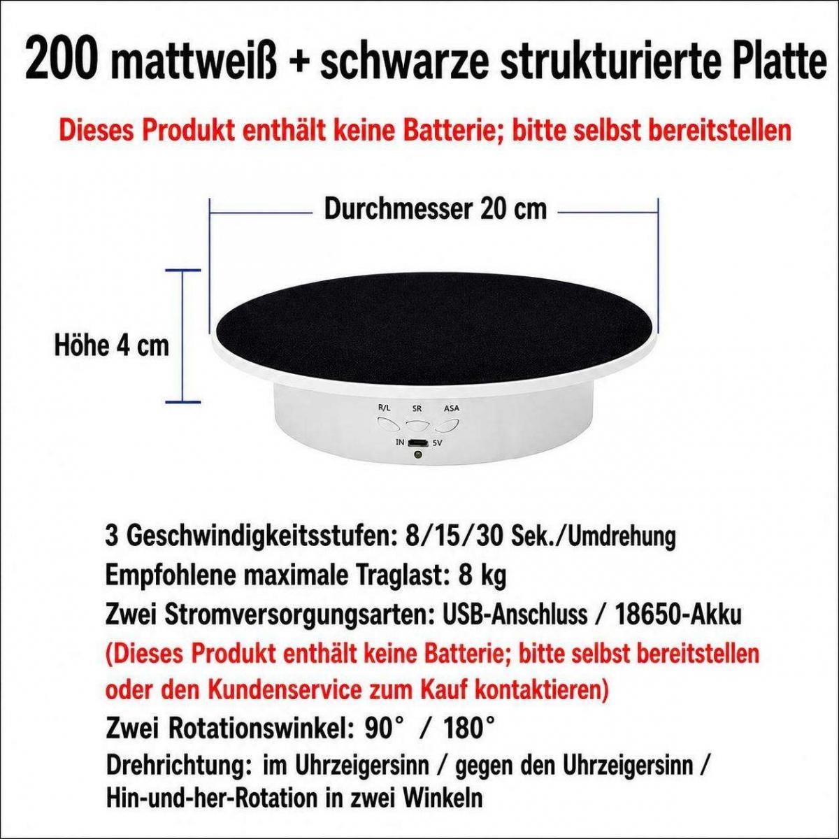 Diagramm eines weißen rotierenden Displays mit schwarzer Platte, 20 cm Durchmesser, 4 cm Höhe und technischen Daten.