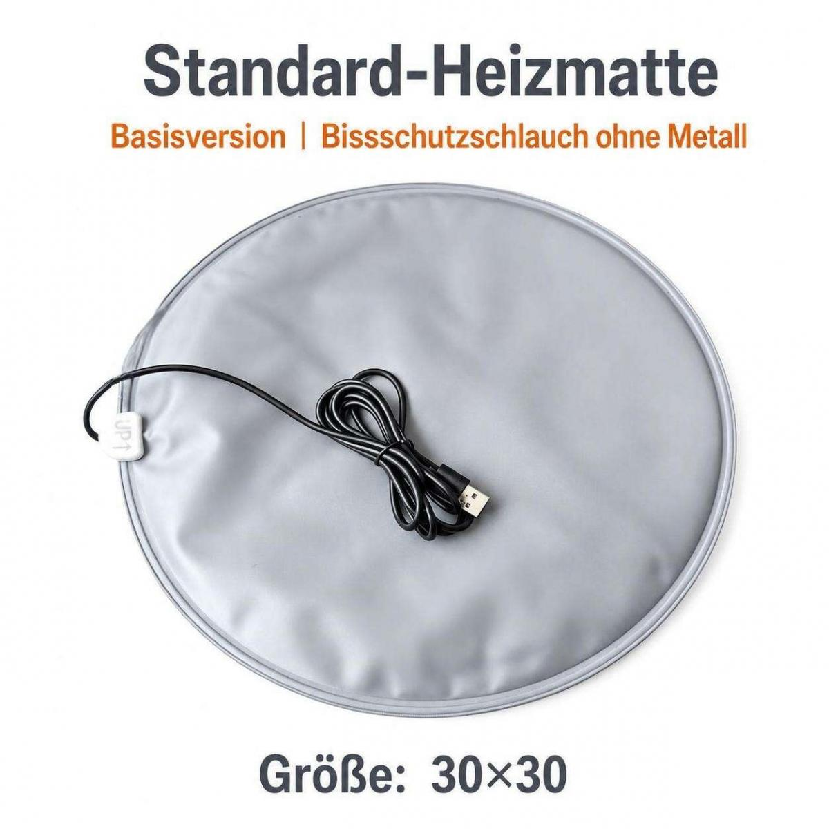 Runde graue Standard-Heizmatte mit gerolltem schwarzem USB-Kabel vor weißem Hintergrund mit deutschem Text.