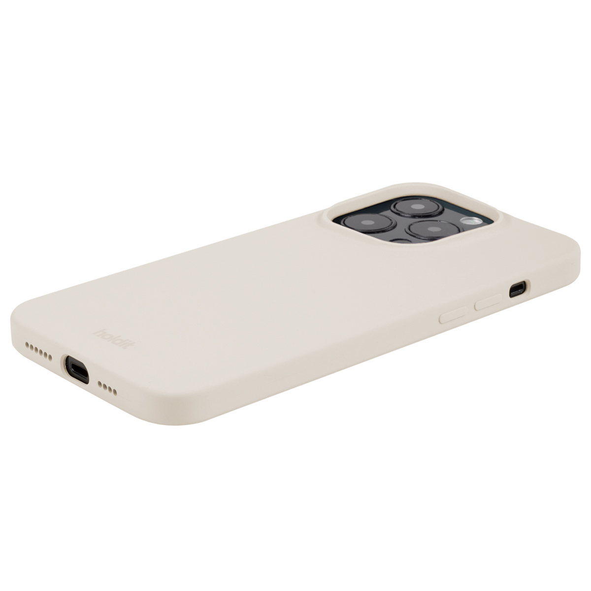 Ein beiges Smartphone mit Schutzhülle liegt auf einer weißen Oberfläche und zeigt die Rückkamera und Anschlüsse.