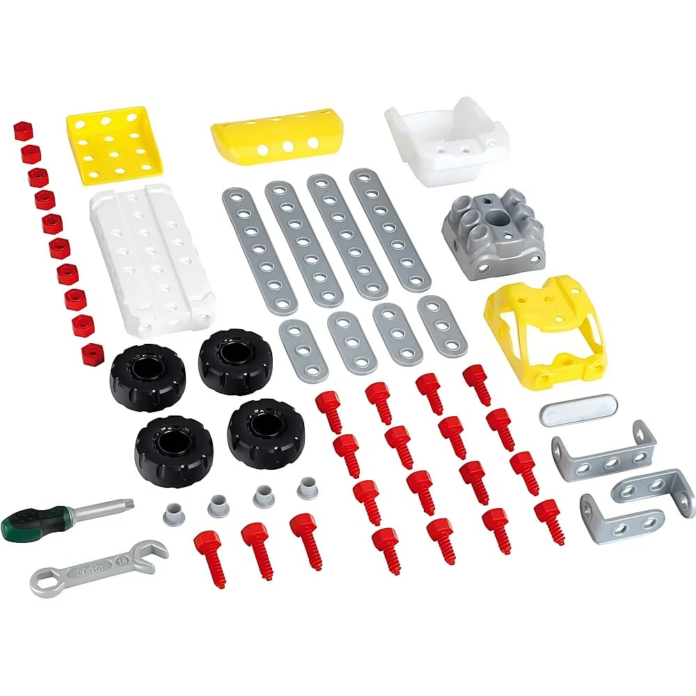Ein Baukastenspielzeug mit bunten Plastikteilen, Rädern, Schrauben und Werkzeugen auf weißem Grund.