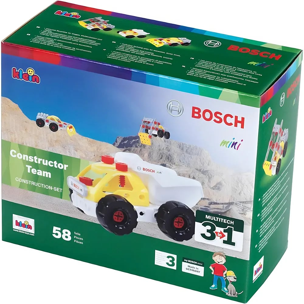 Eine grüne Bosch Mini Constructor Team Spielzeugschachtel mit einem gelb-weißen Baufahrzeug und 58 Teilen.