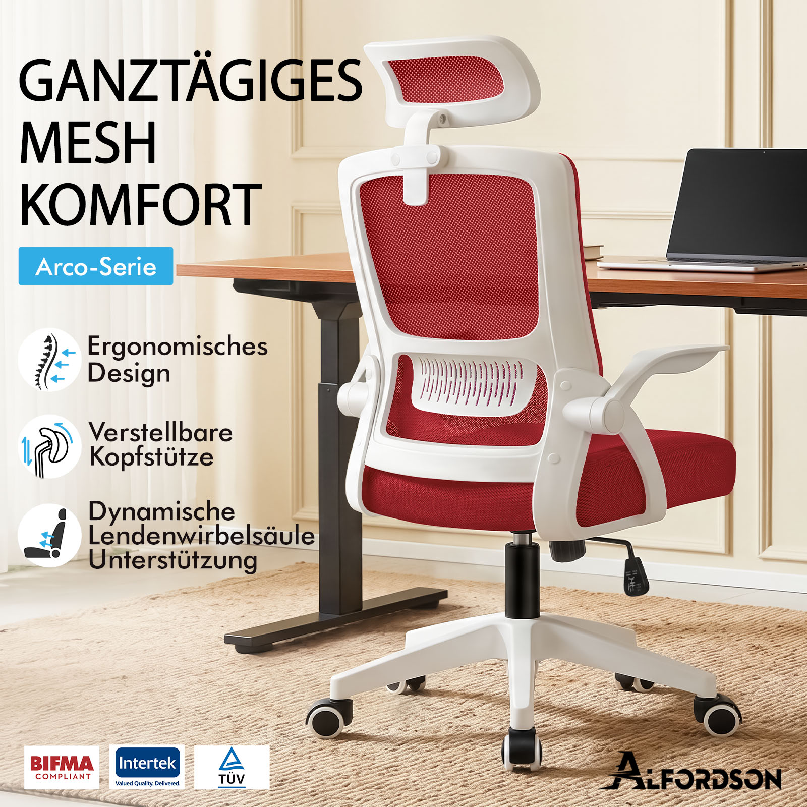 Ein moderner weiß-roter ergonomischer Bürostuhl mit Netzeinsätzen steht vor einem Schreibtisch mit Laptop.