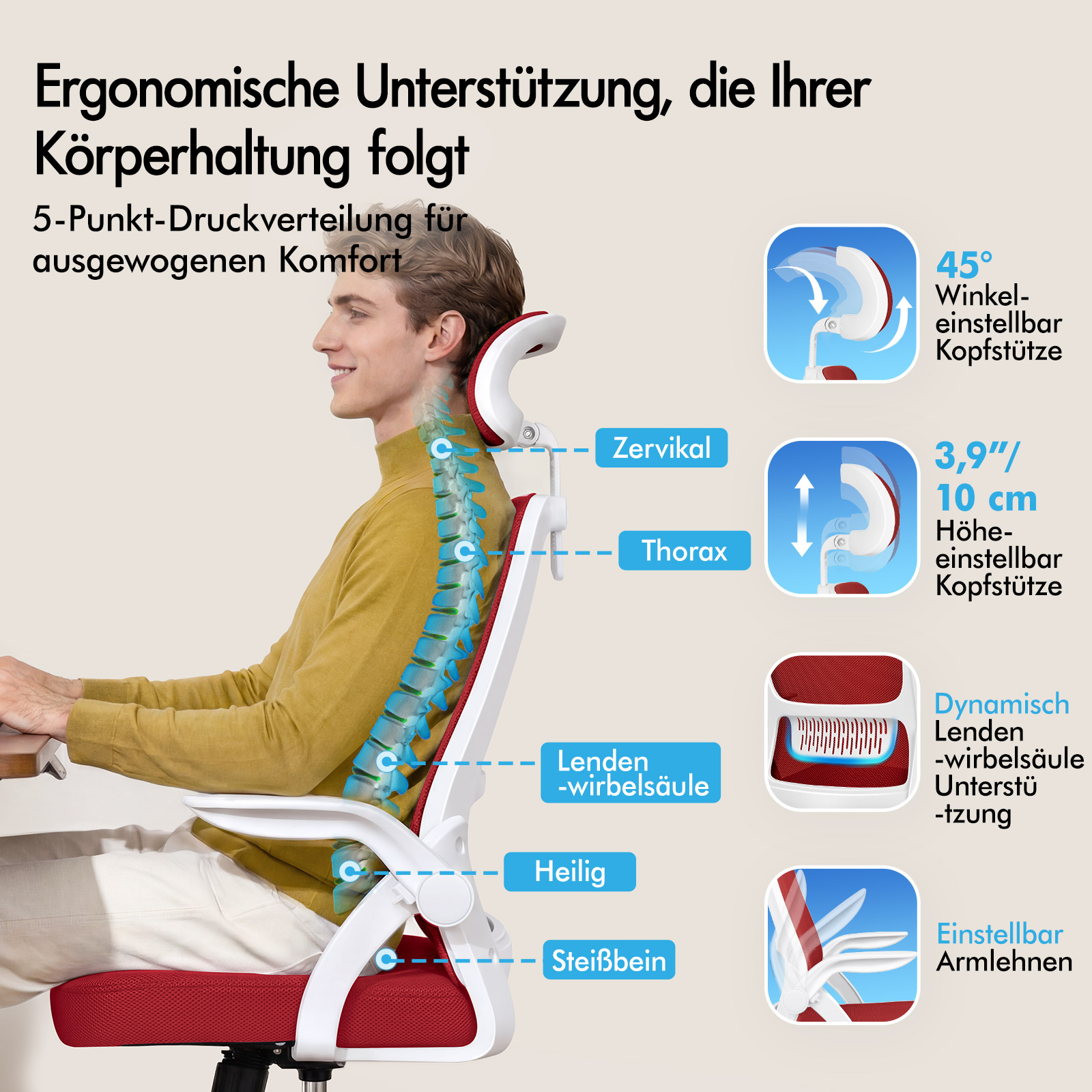 Eine Infografik zeigt einen ergonomischen Stuhl mit Wirbelsäulenunterstützung und verstellbaren Elementen.