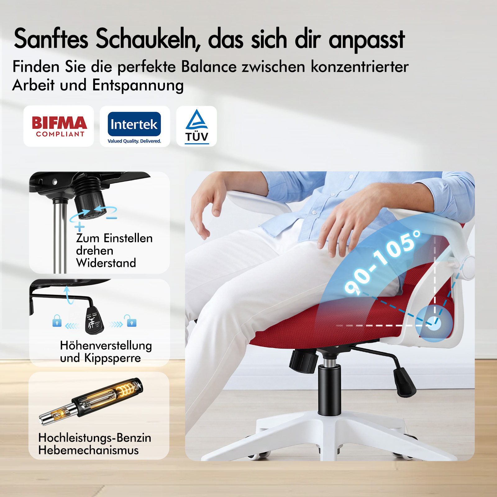Bürostuhl-Features: Widerstand, Höhenverstellung, Neigung von 90-105 Grad und sicherer Hebemechanismus.