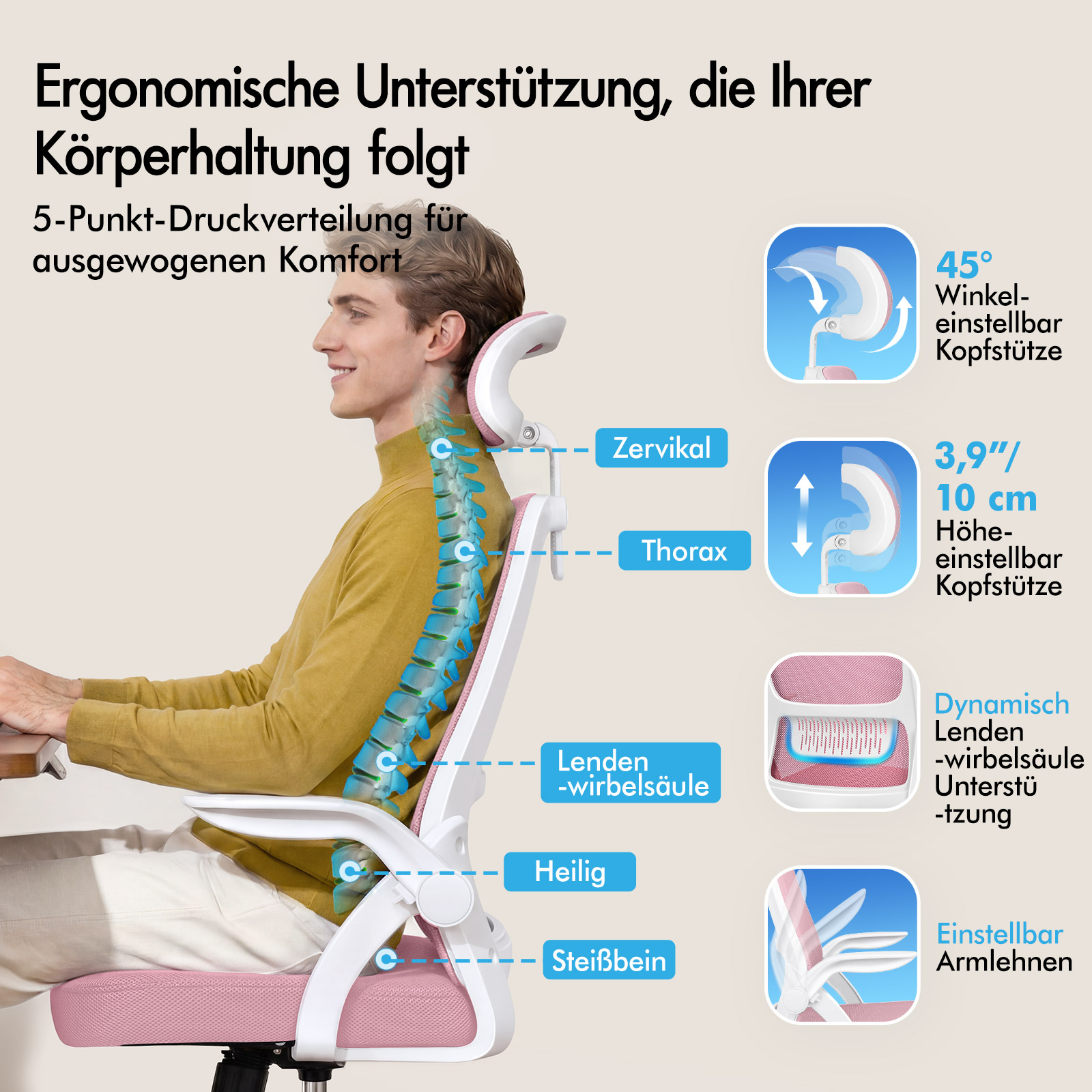 Ein Mann sitzt in einem ergonomischen Stuhl, der seine Wirbelsäule stützt, mit Infografiken zu den Einstellmöglichkeiten.