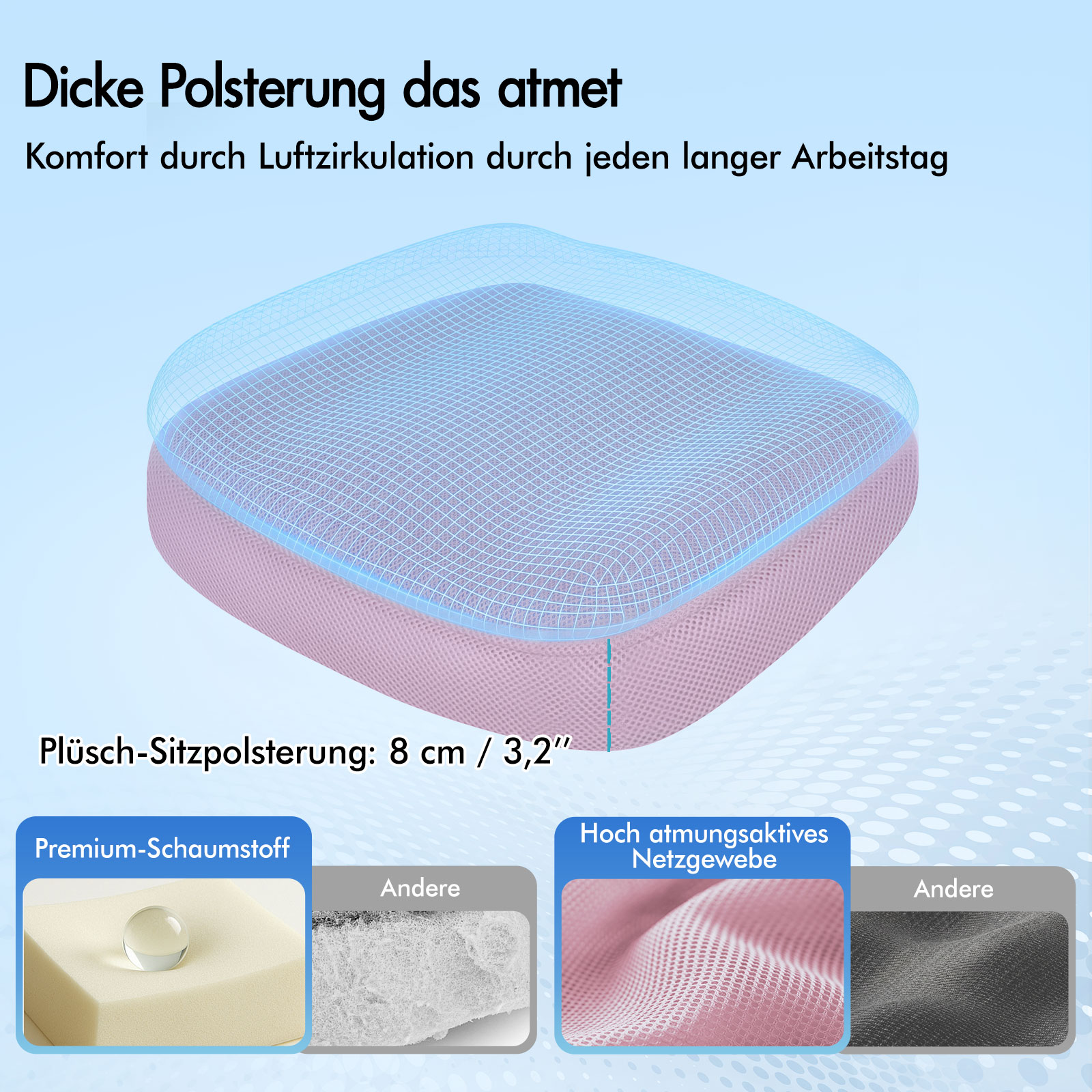 Rosa Sitzkissen mit atmungsaktivem Netzgewebe und 8 cm dicker Schaumstoffpolsterung gegen andere Materialien.