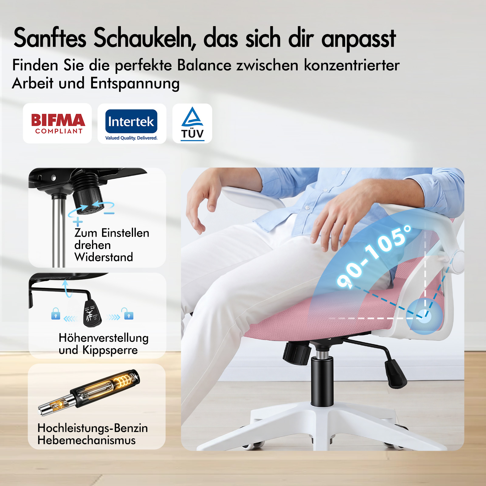 Bürostuhl mit 90-105 Grad Neigung und Höhenverstellung, inklusive Zertifizierungssiegeln.