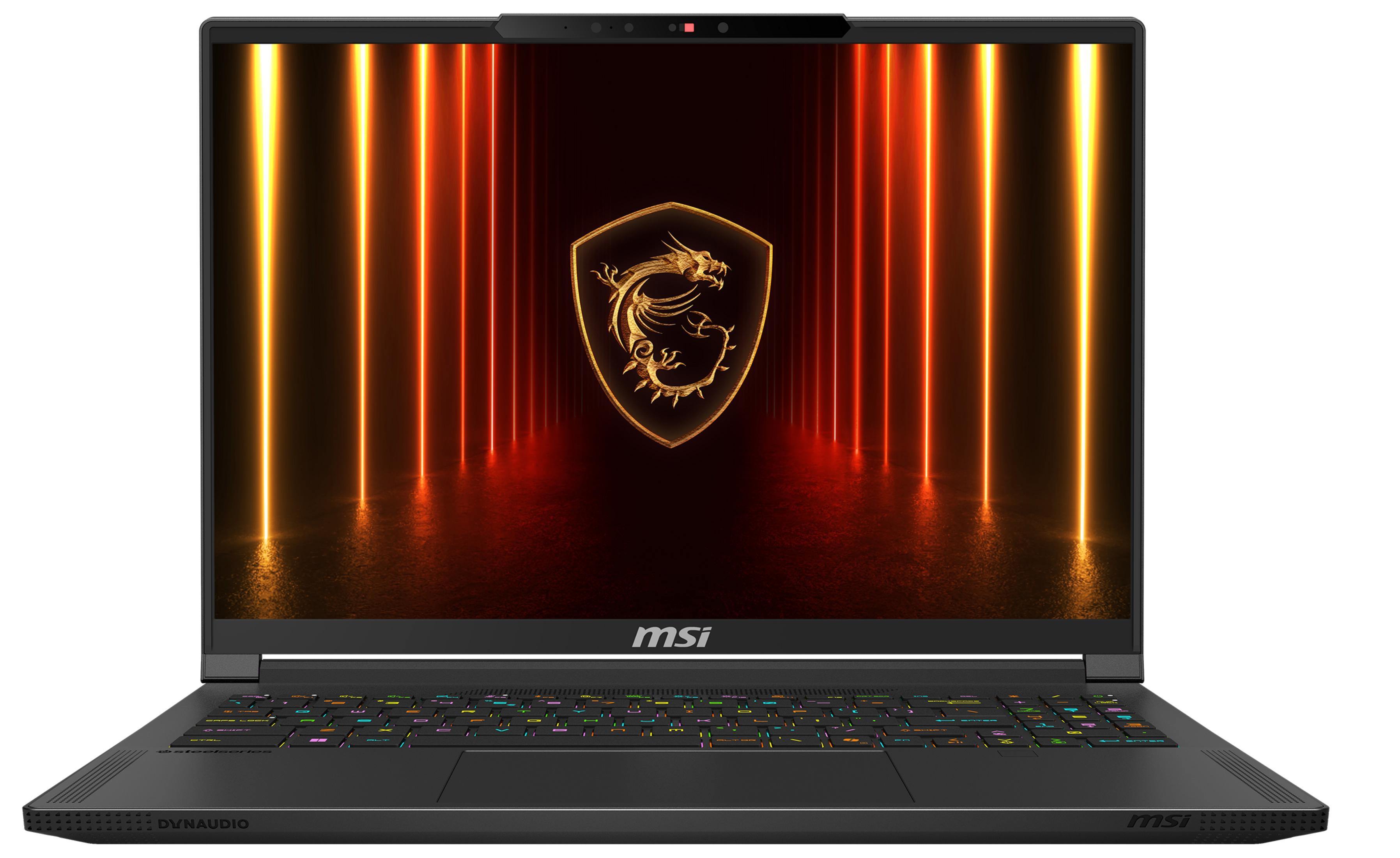 Ein offener MSI-Laptop zeigt ein goldenes Drachenlogo auf dem Bildschirm vor einem Hintergrund mit leuchtenden Linien.