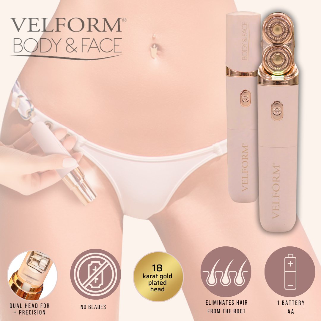 Épilateur Velform Body & Face à double tête plaquée or devant un torse en sous-vêtements.