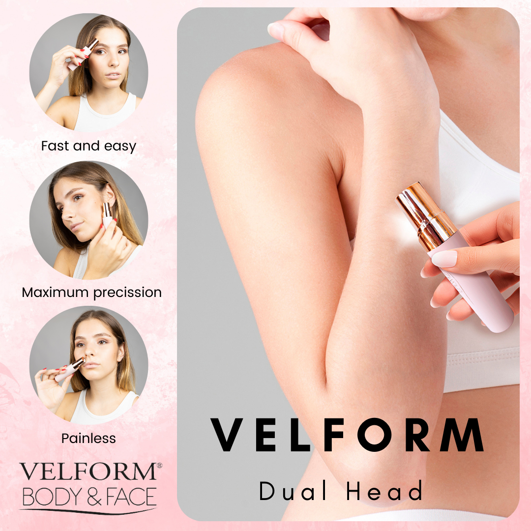 Femme utilisant l'épilateur Velform Dual Head sur le bras et le visage.