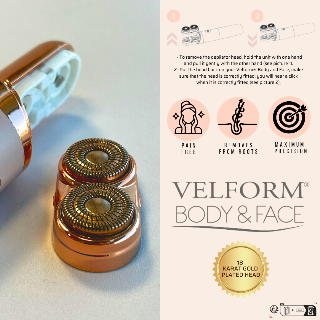 Tête d'épilateur Velform dorée avec instructions et avantages à droite.