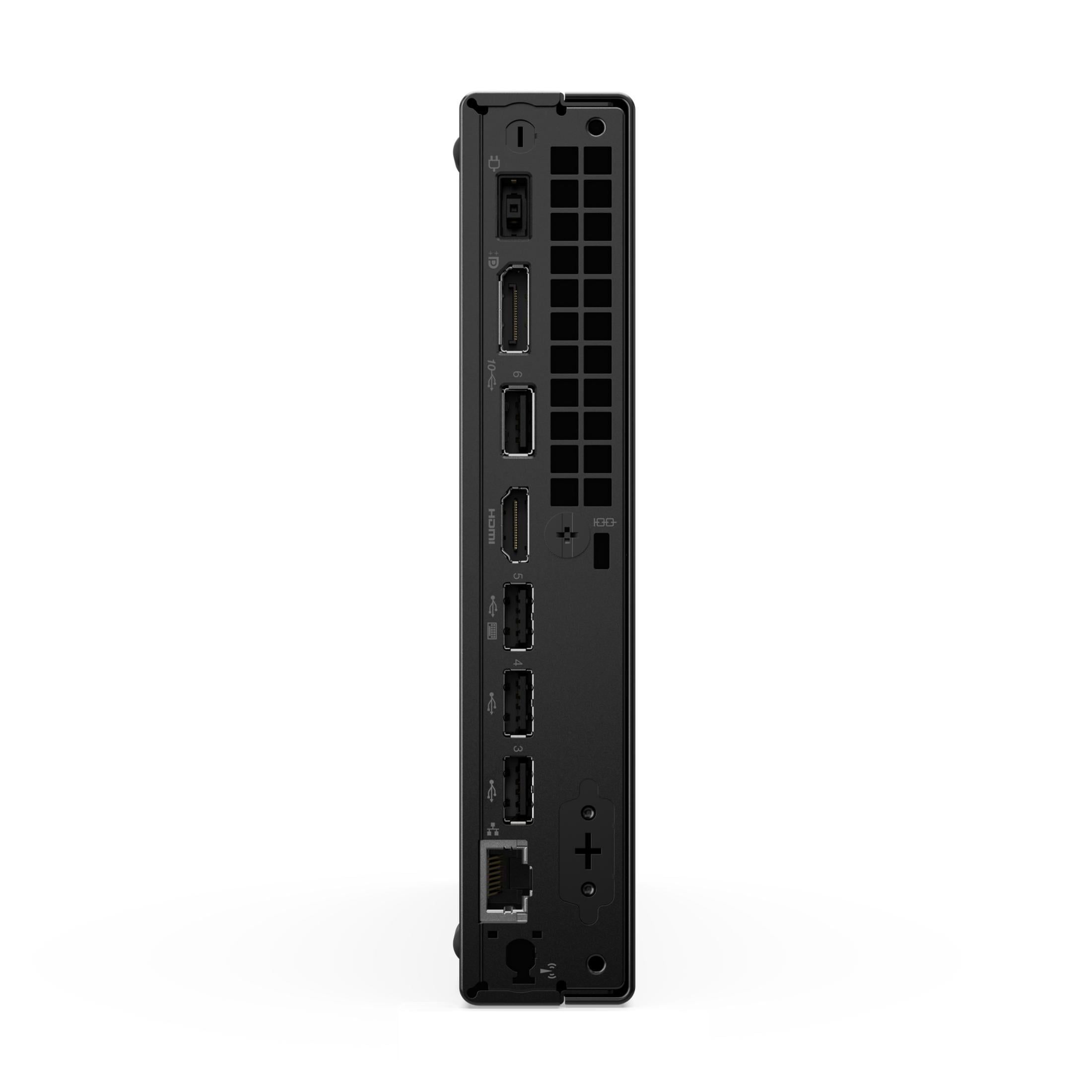 Rückseite eines schwarzen Mini-PCs mit DisplayPort, HDMI, USB-Anschlüssen und Ethernet-Port.